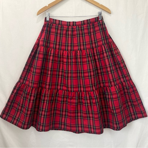 J. Crew NWT Red Black Tartan Plaid 3 Tiered Ruffle Midi Skirt size Large - Picture 6 of 15
